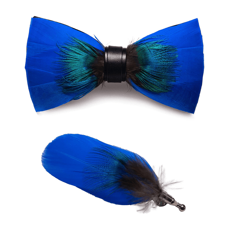 Oxford Blue Peacock Feather Bow Tie with Lapel Pin