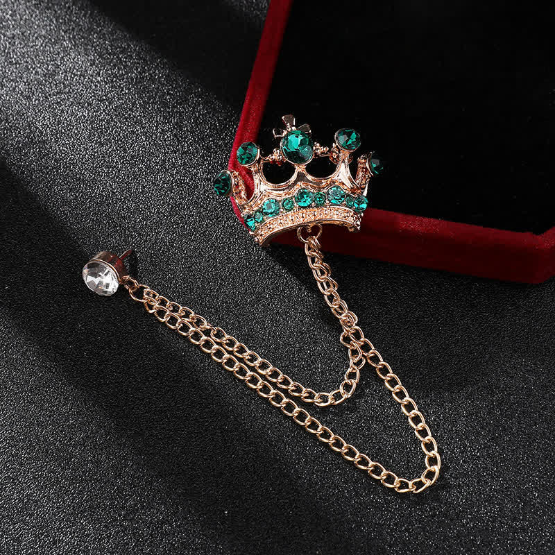 Men's Retro Crown Chain Rhinestones Brooch - Gold & Green - image 13