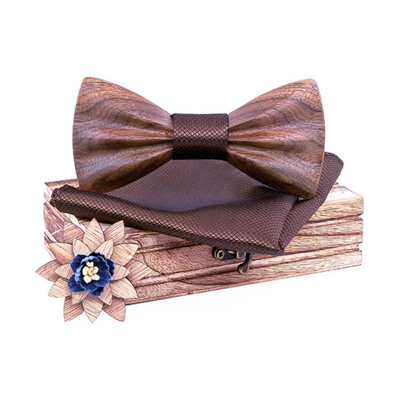 3Pcs Men's Hand Carved Crease Wooden Bow Tie Set