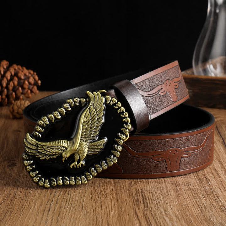 Men's Antique Gold Eagle Soaring Hawk Leather Belt