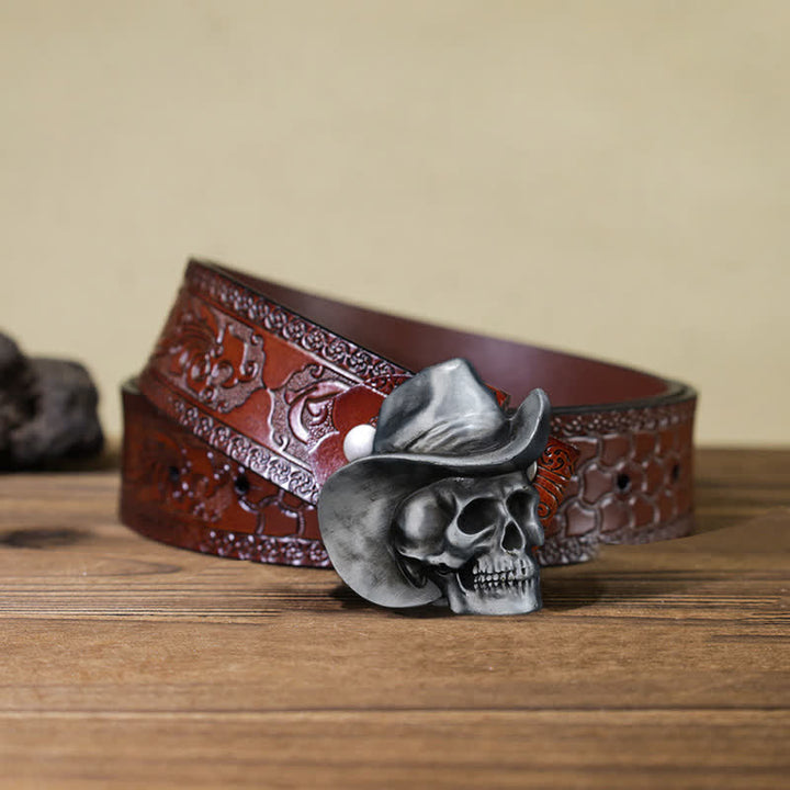 Men's DIY Creative Skull Head With Hat Buckle Leather Belt