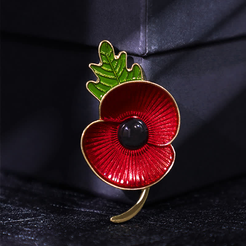 Unisex Memorial Red Poppy Leaf Brooch - Gold - image 0