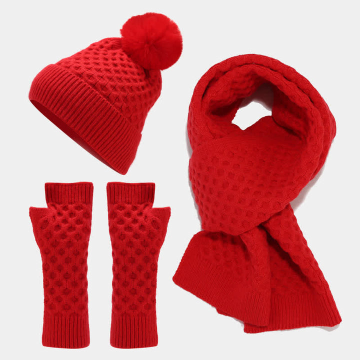 3Pcs Women's Criss Cross Knit Hat Scarf Gloves Set