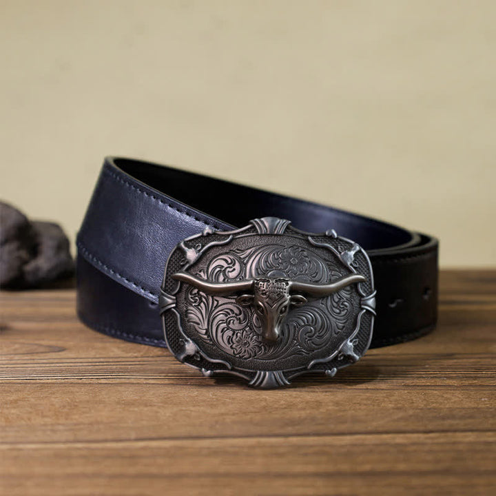 Men's DIY Silver Longhorn Bull Square Buckle Leather Belt