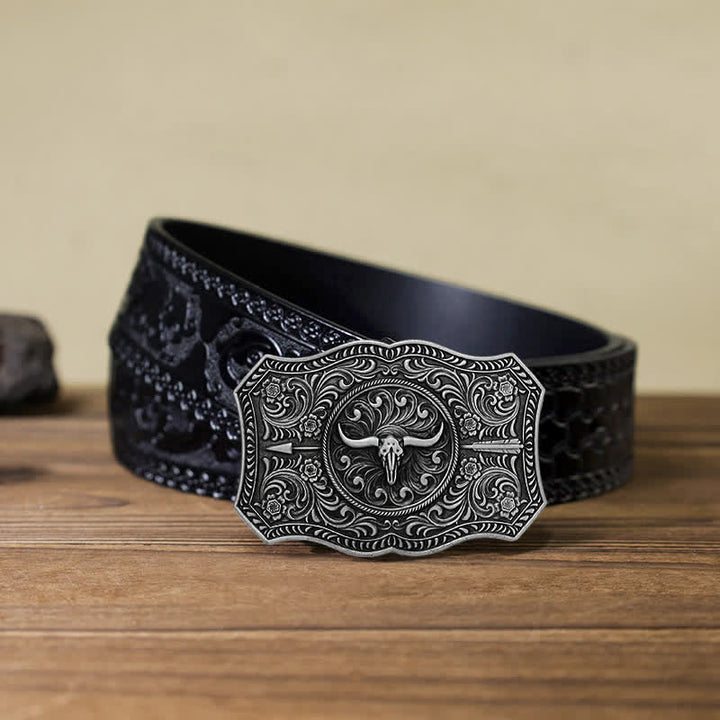 Men's DIY Long Horn Bull Arrow Buckle Leather Belt