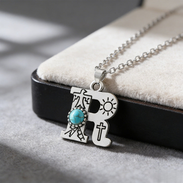 Vintage Initial Letter Turquoise Charm Necklace - R - image 19