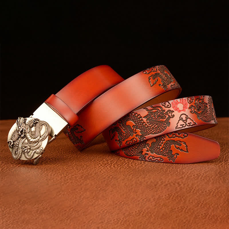 Men's Flame Dragon Round Automatic Buckle Leather Belt