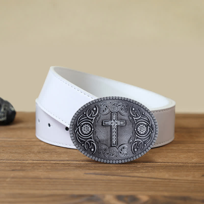 Men's DIY Faith Cross Floral Buckle Leather Belt