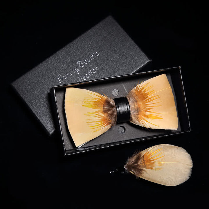 Kid's Light Yellow Quiet Feather Bow Tie with Lapel Pin