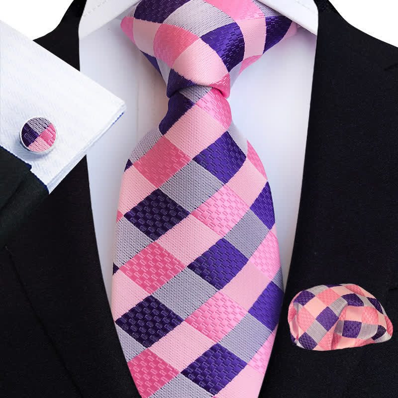 3Pcs Men's Bright Color Plaid Necktie Set - Pink & Purple - image 2