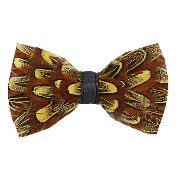 Yellow & Umber Pheasant Feather Bow Tie with Lapel Pin