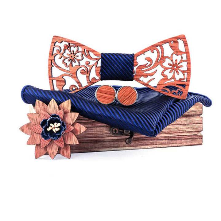 4pcs Men's Hollow Floral Wooden Bow Tie Set