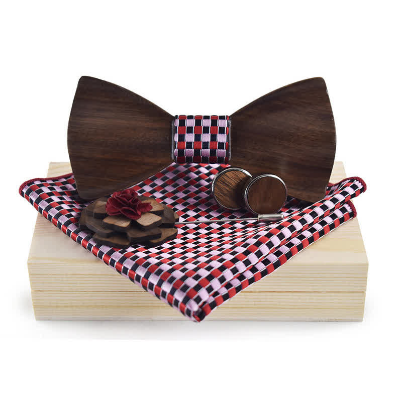 4Pcs Men's Vintage Black Wooden Bow Tie Set