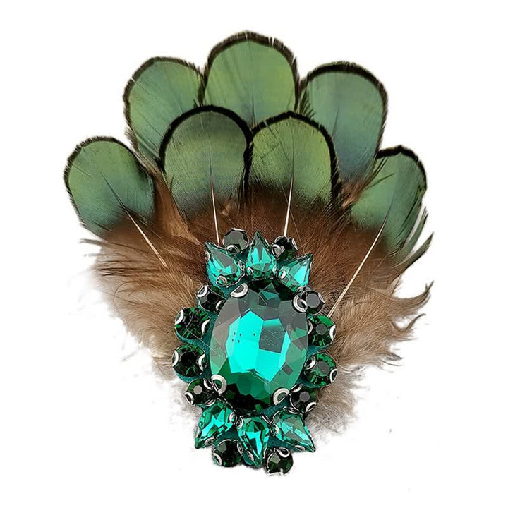 Women's Dark Green Crystal Feather Brooch