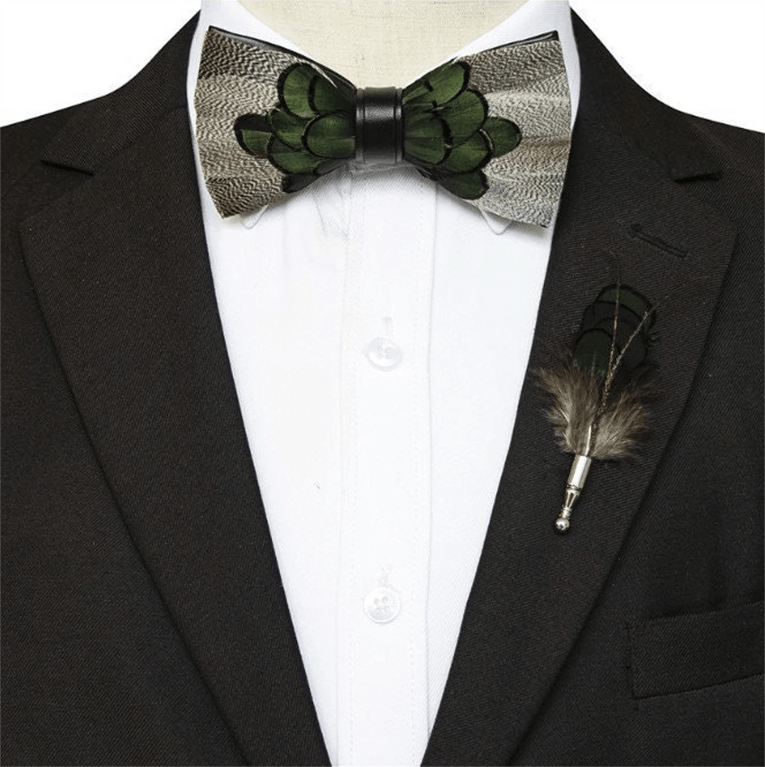 Grey & Forest Green Feather Bow Tie with Lapel Pin