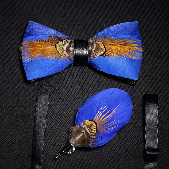 Gold & Blue Sunny Feather Bow Tie with Lapel Pin