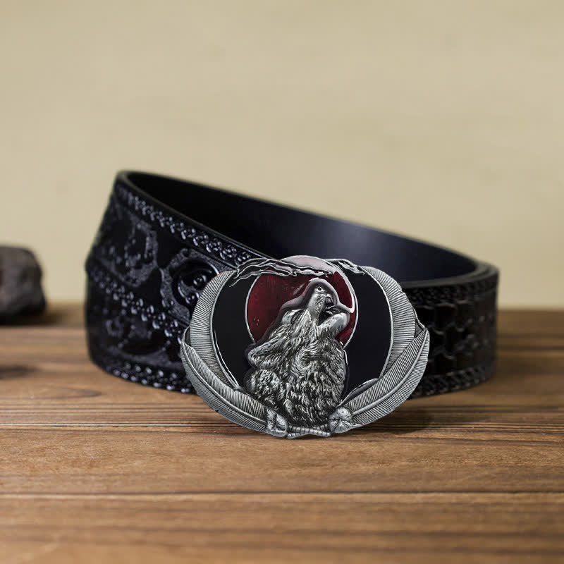 Men's DIY Howling Wolf Moon Oval Buckle Leather Belt