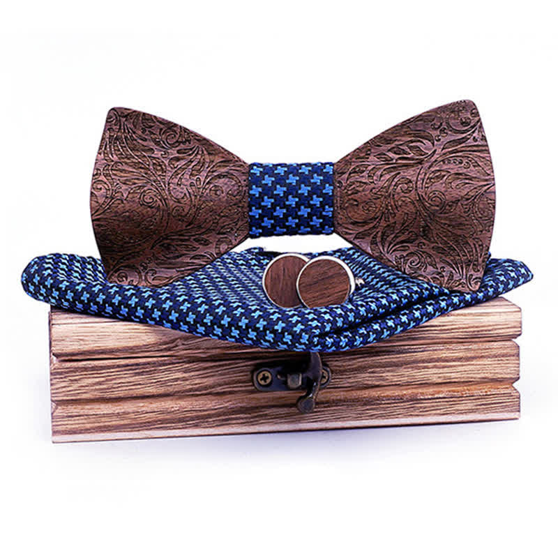 3Pcs Men's Black Walnut Paisley Wooden Bow Tie Set