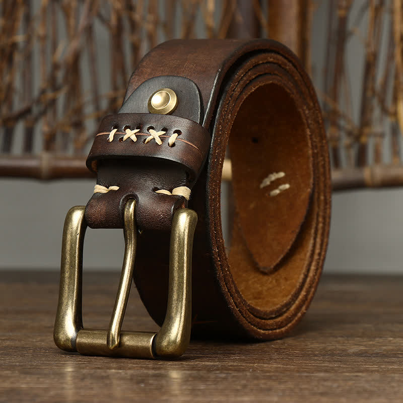 Men's Vintage Fancy Carving Leather Belt - Coffee - 46 - image 0