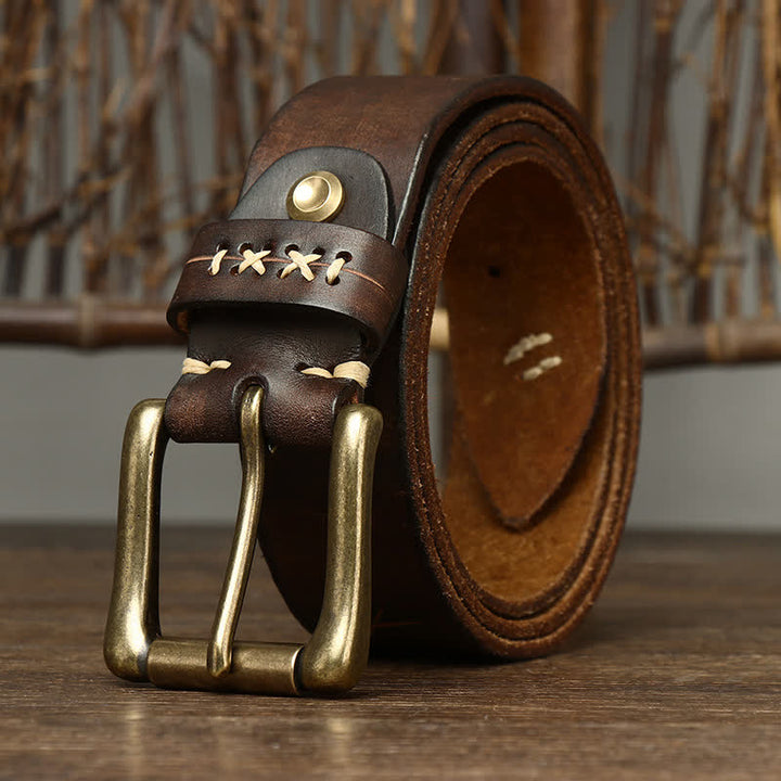 Men's Vintage Fancy Carving Leather Belt - Coffee - 46 - image 0