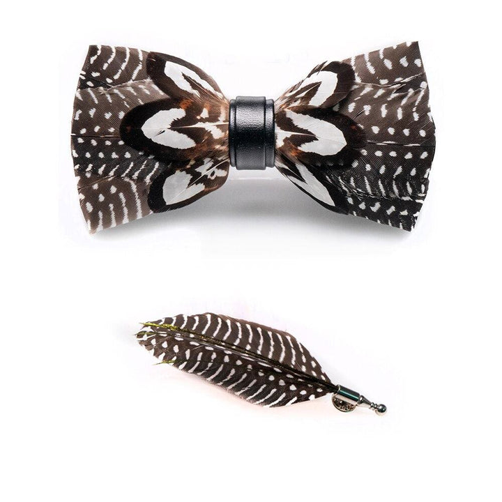 Brown & White Spots Feather Bow Tie with Lapel Pin