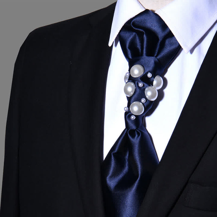 Men's Vintage Look Pearls Wedding Necktie - Navy - image 9