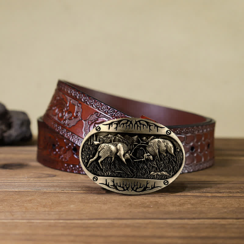 Men's DIY Wild Fighting Deer Buckle Western Leather Belt