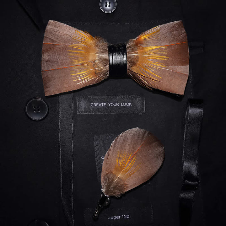 Sienna & Yellow Nature Feather Bow Tie with Lapel Pin