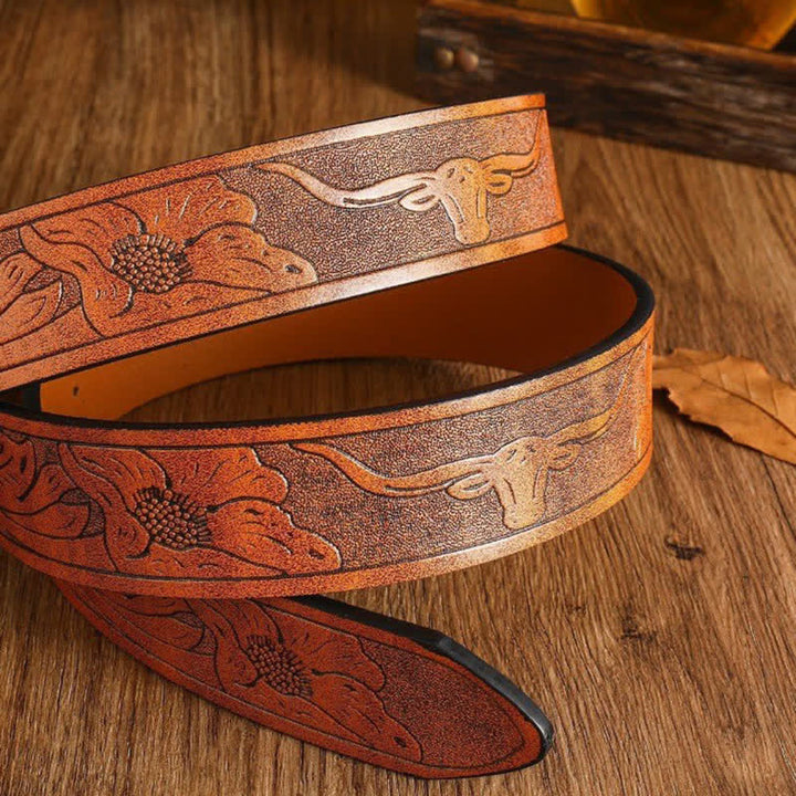 Men's Square Golden Longhorn Bull Leather Belt