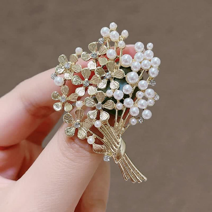 Women's Pearl Bouquet Of Gold Flowers Brooch