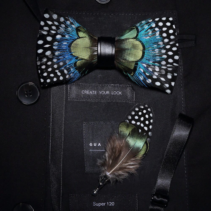 Kid's Green & Blue Polka Dots Feather Bow Tie with Lapel Pin