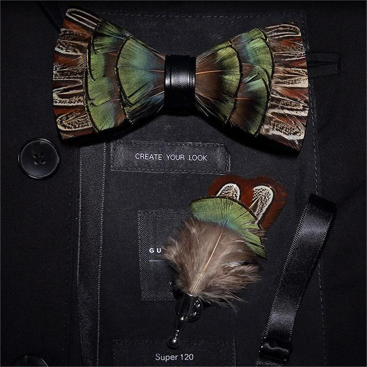 Brown & Green Forest Retro Feather Bow Tie with Lapel Pin