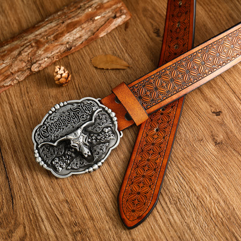 Men's Cowboy Gothic Skull Bull Leather Belt