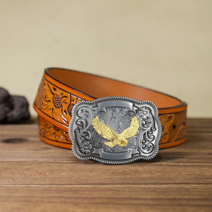 Men's DIY Gold Carving Animal Buckle Leather Belt - Eagle - Orange Carved Belt (40) - image 18