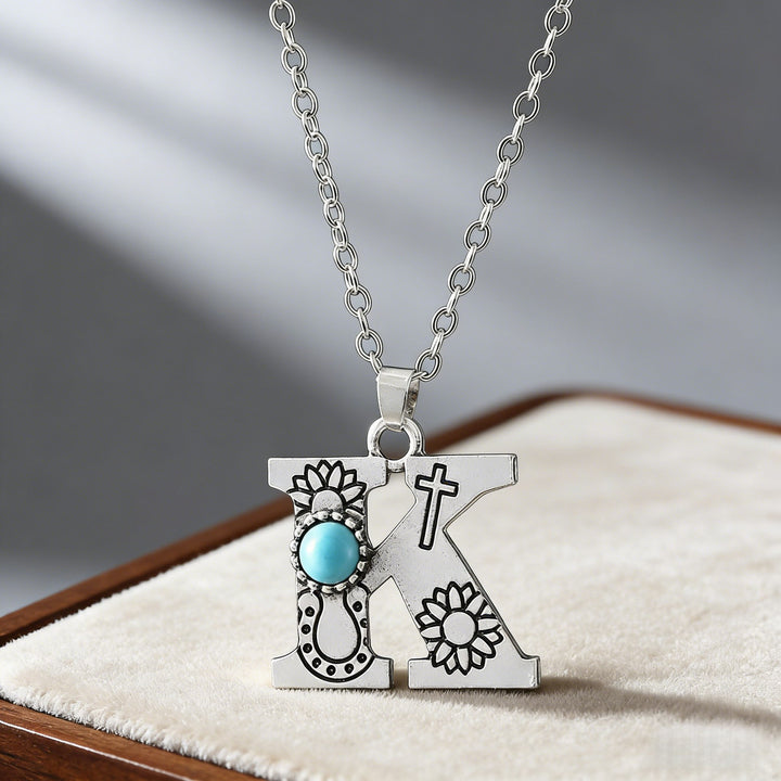 Vintage Initial Letter Turquoise Charm Necklace - K - image 17