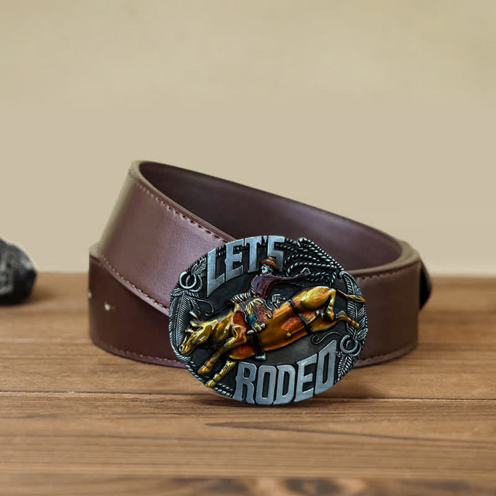 Men's DIY Let's Rodeo Enamel Bull Buckle Leather Belt