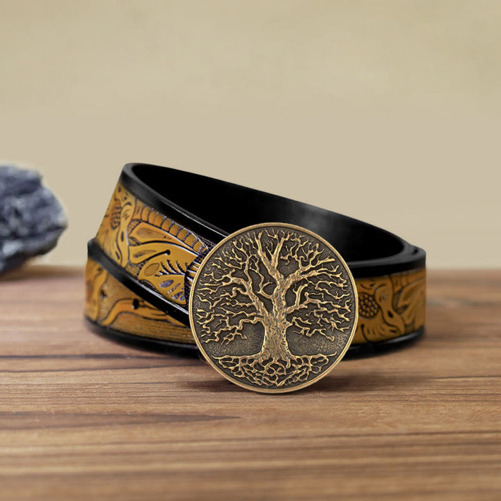 Men's DIY Tree of Life Round Buckle Leather Belt