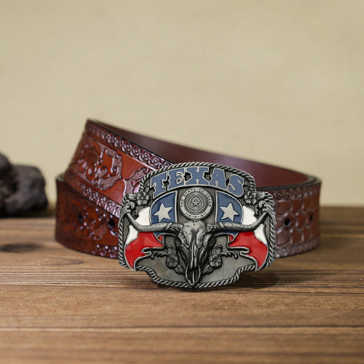 Men's DIY Texas Flag Longhorn Bull Buckle Leather Belt