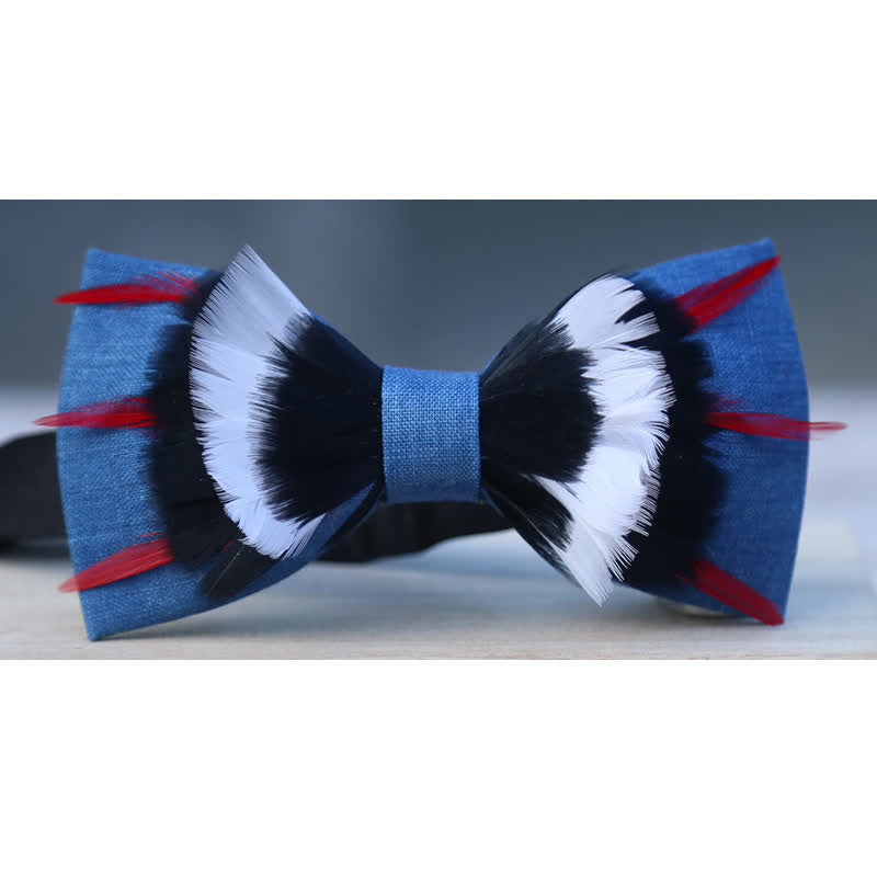 Black & White Deluxe Blue Flax Feather Bow Tie