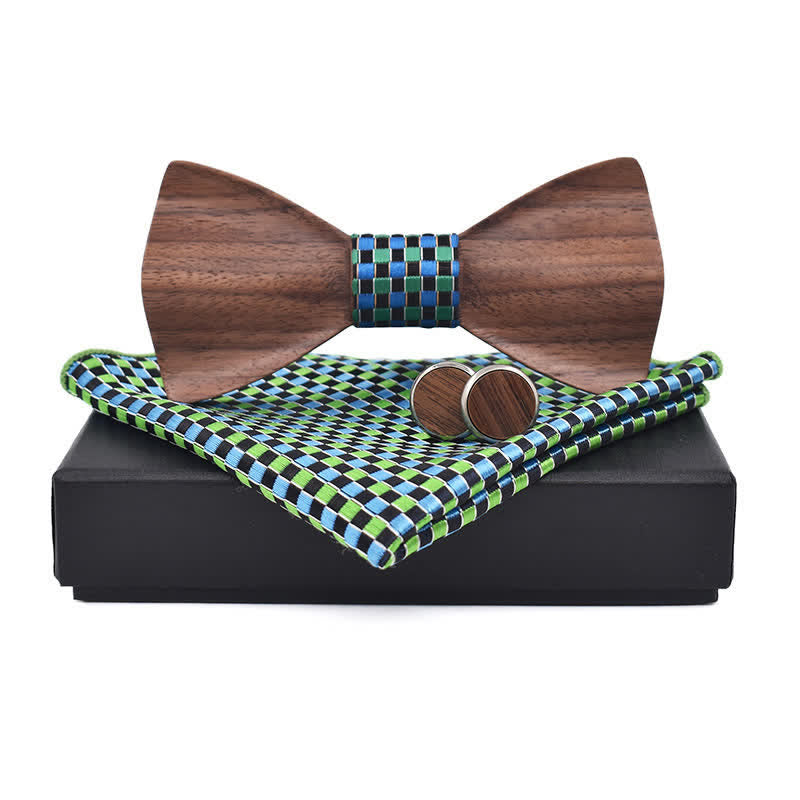 3Pcs Men's Black Walnut Wooden Bow Tie Set