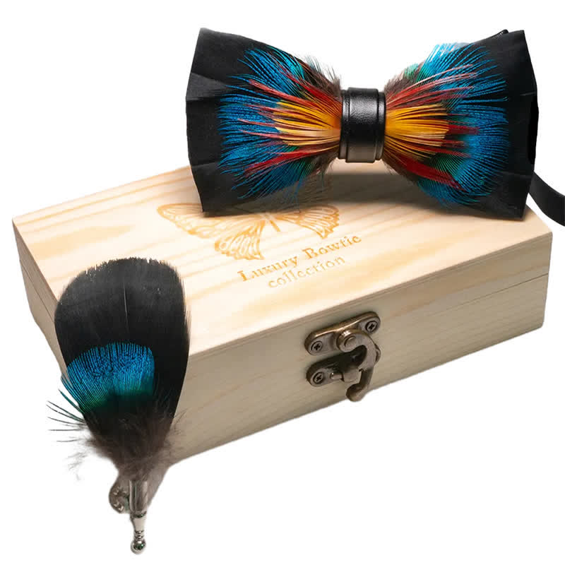 Black & Multicolored Blossom Feather Bow Tie with Lapel Pin