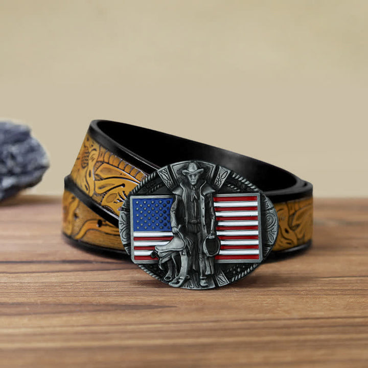 Men's DIY American Flag Cowboy Buckle Leather Belt