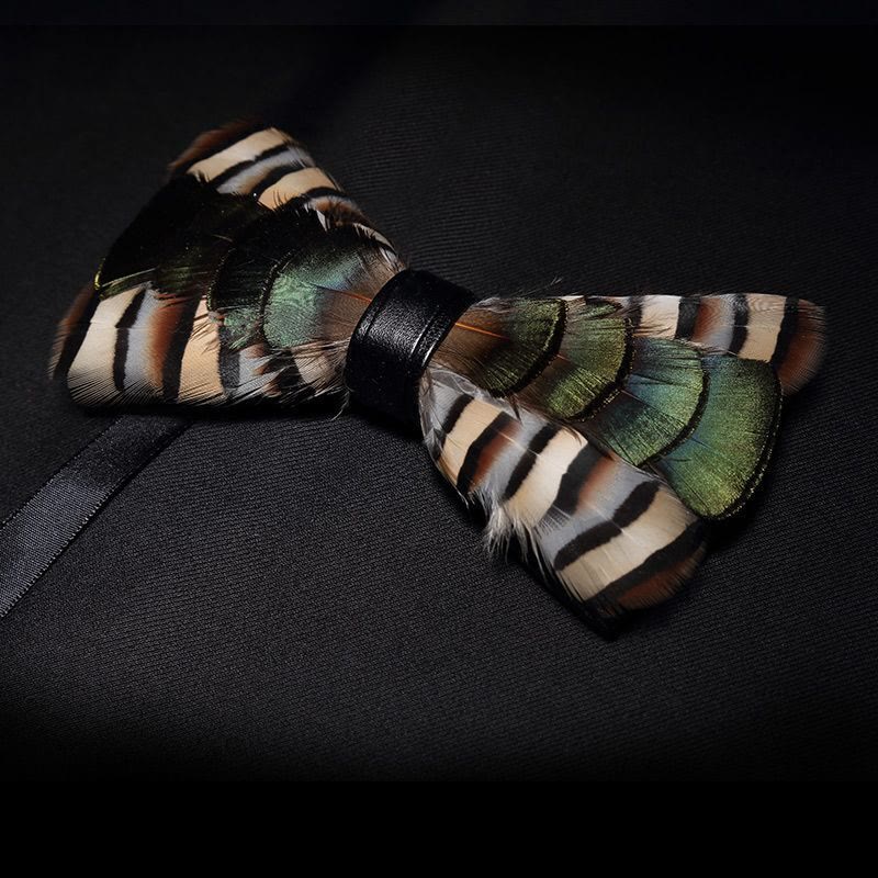 Green & Beige Geese Feather Bow Tie with Lapel Pin