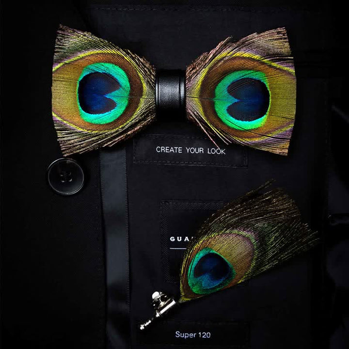 Green Peacock Feather Bow Tie with Lapel Pin