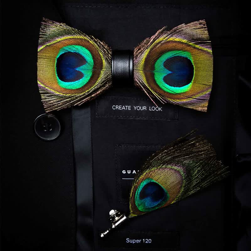 Kid's Green Peacock Feather Bow Tie with Lapel Pin