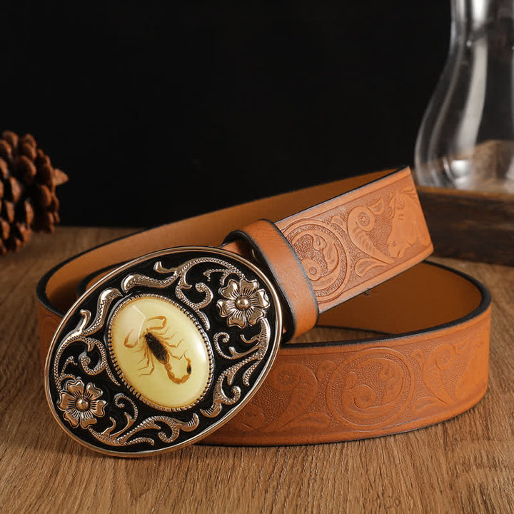 Men's Animal Scorpion Flower Buckle Leather Belt