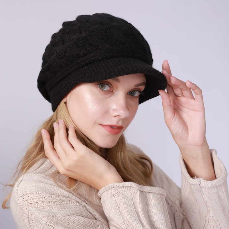 Women's Slouchy Fluffy Lining Visor Beanie Hat