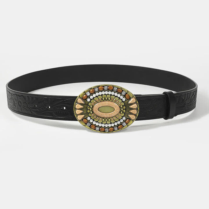 Men's Ethnic Rhinestone Faux Pearl Decor Leather Belt