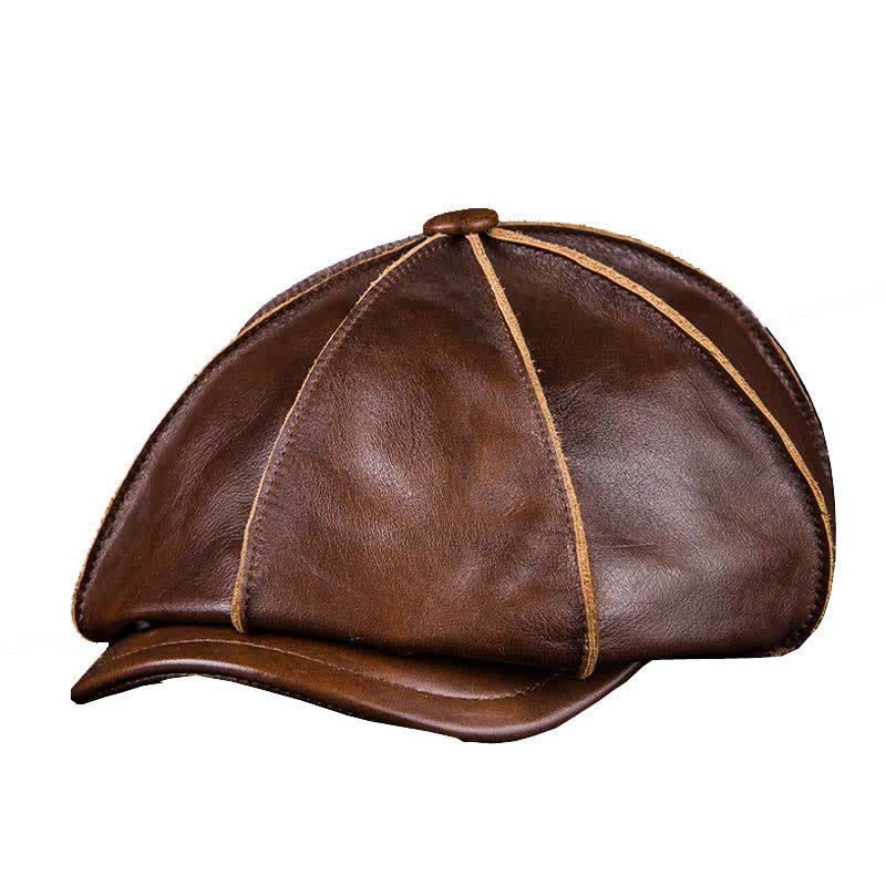 Literary Octagonal Genuine Leather Beret Cap - Brown - L (23 1/4"-23 5/8") - image 0