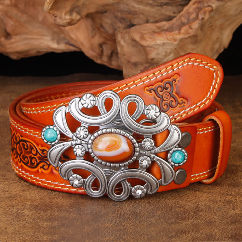 Unisex Agate Stone Turquoise Hollow Flower Leather Belt